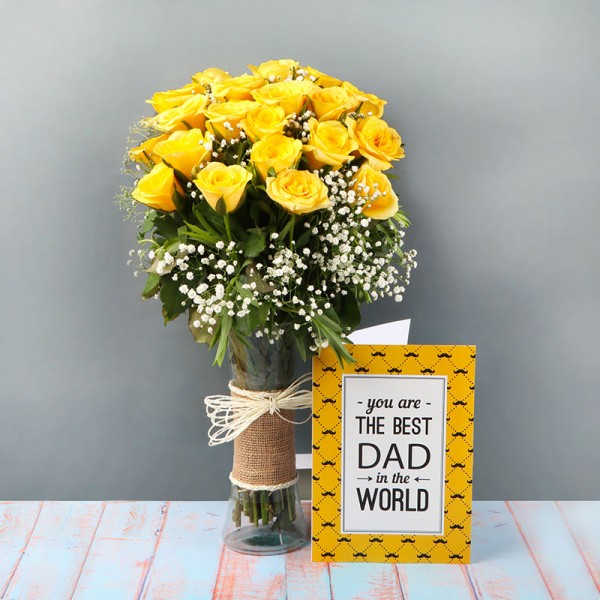 20 Yellow Rose with Greeting Card for DAD and Glass Vase wrapped with jute