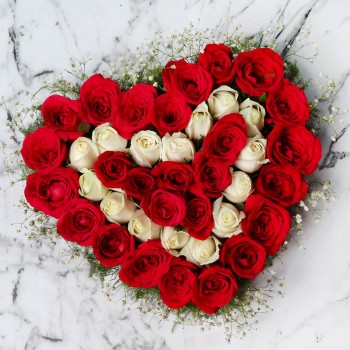Heart Shape Arrangement of 40 Roses (Red and White)