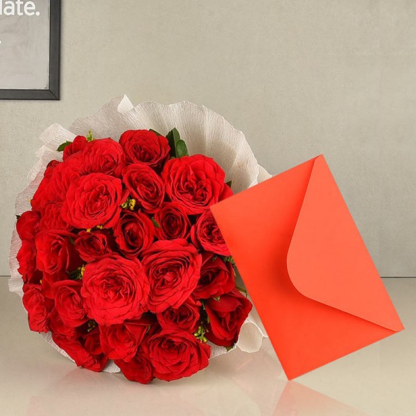 20 Red Roses in Paper Packing with Greeting card