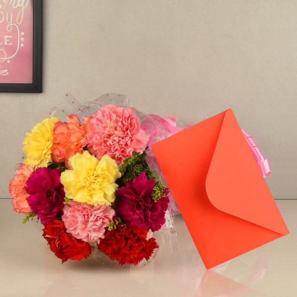  10 Colorful Carnation in Cellophane Packing with Greeting Card