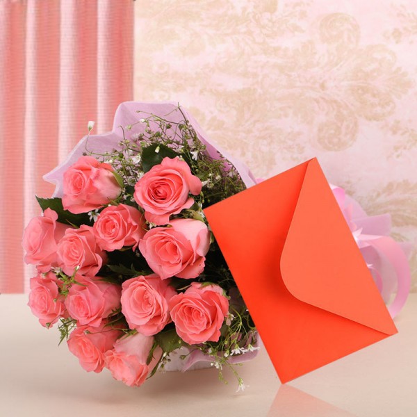 12 Pink Roses in Paper Packing with Greeting Card