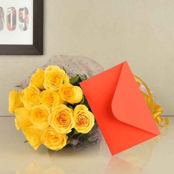 12 Yellow Roses in Cellophane Packing with Greeting Card