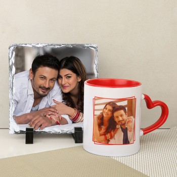 Customized Combo Of Heart Handle Red Mug and Photo Stone for Husband