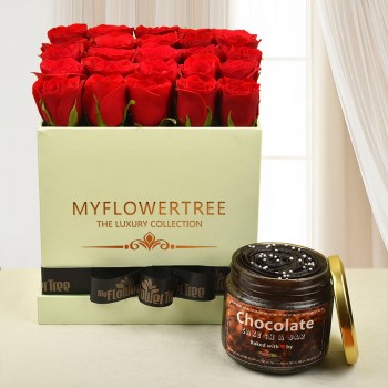 30 red roses in lime green box tied with black ribbon with Chocolate truffle cake in a jar