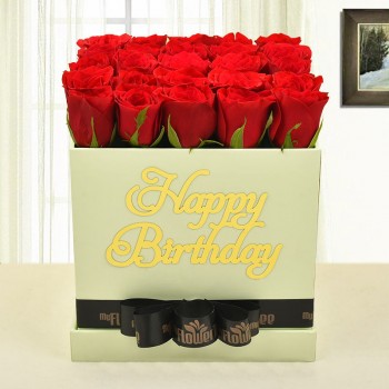 30 red roses in happy birthday lime green box tied with black ribbon