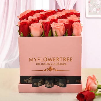 30 baby pink and red roses in MFT Pink Box tied with black ribbon