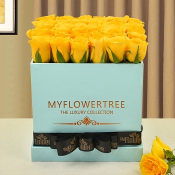 30 yellow roses in blue box tied with black ribbon