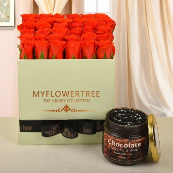 30 orange roses in lime green box tied with black ribbon with Chocolate truffle cake in a jar