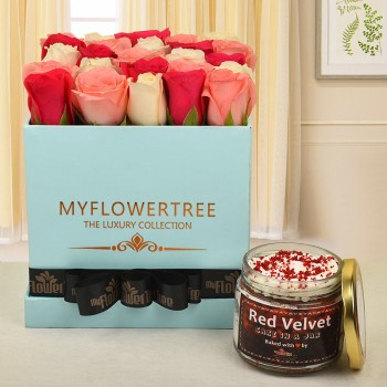 30 mix roses(white, baby pink, dark pink roses) in blue box with black ribbon tied on it with Red Velvet cake in a jar