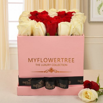 30 white and red roses(heart with red roses and all around white roses) in MFT pink box