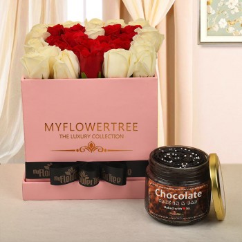30 white and red roses(heart with red roses and all around white roses) in MFT pink box tied with black ribbon with Chocolate truffle cake in a jar
