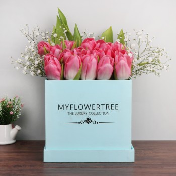  20 Pink Tulips in Myflowertree Blue Square Box
