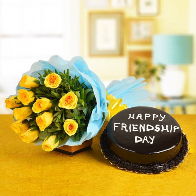12 Yellow Roses in Paper Packing with 1/2 Kg Chocolate Cake