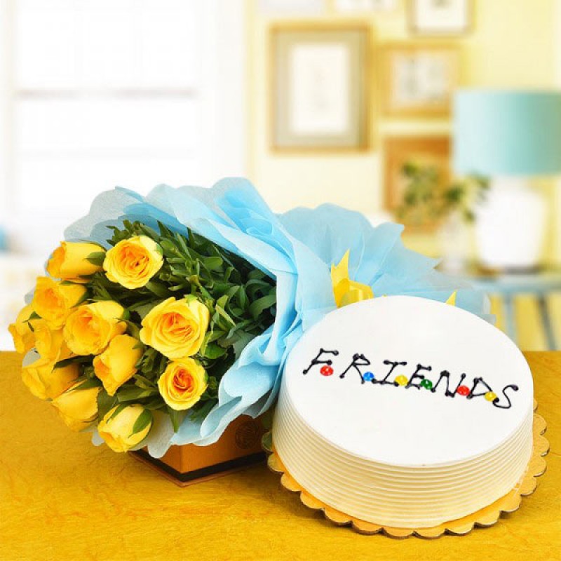 12 Yellow Roses with Half Kg Pineapple Cake for Friends