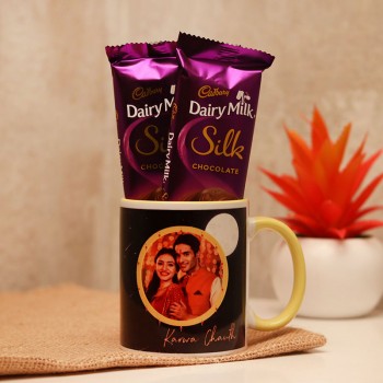 One Personalised Yellow Handle Mug with 2 Dairy Milk Silk Chocolate for Karwa Chauth
