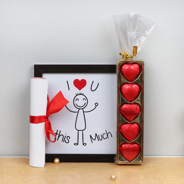 I Love U Photo Frame with a Proposal Letter and 5 pcs Heart Shape Chocolate Pack