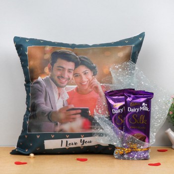 Personalised Photo Printed Cushion with I Love you printed and 2 Dairy Milk Silk Chocolate