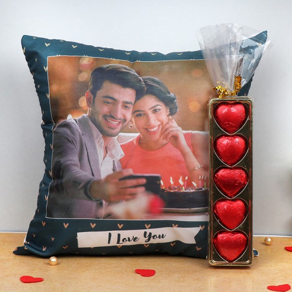 Personalised Photo Printed Cushion with I Love You printed and 5 pcs Homemade Heart Shape Chocolate Pack