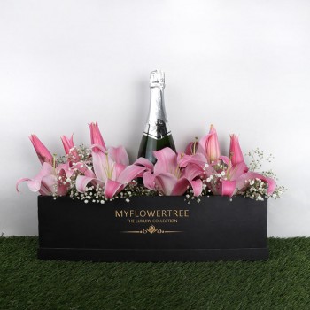 8 Oriental Pink Lilies in MFT Special Black Box with One Bottle of Red Wine