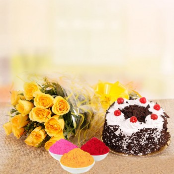 10 Yellow Roses with Half Kg Black Forest Cake and Red Gulal Small Pouch and Pink Gulal Small Pouch and Yellow Gulal Small Pouch