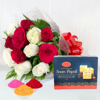  12 Red and White Roses in Cellophane Packing with Red Bow with Soan Papdi ( 250 gm) and Red Gulal Small Pouch and Pink Gulal Small Pouch and Yellow Gulal Small Pouch