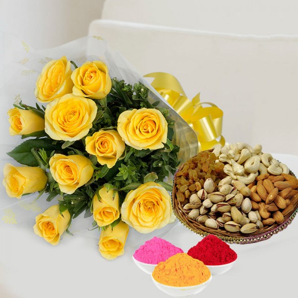 12 Yellow Roses in Cellophane Packing with Yellow Bow and Assorted Dry Fruits (250gms) with Red Gulal Small Pouch and Pink Gulal Small Pouch and Yellow Gulal Small Pouch