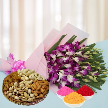 6 Purple Orchids in Pink Paper Packing with matching bow with Assorted Dry Fruits (250gms) and Red Gulal Small Pouch and Pink Gulal Small Pouch and Yellow Gulal Small Pouch