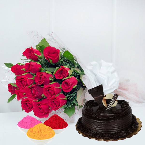 12 Red Roses in Cellophane Packing with Red Bow with Half Kg Truffle Cake and Red Gulal Small Pouch and Pink Gulal Small Pouch and Yellow Gulal Small Pouch for Holi