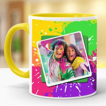 One Personalised Photo Printed Ceramic Yellow Handle Coffee Mug for Holi