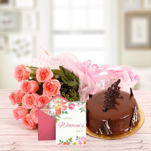 10 Pink Roses with Half Kg Chocolate Truffle Cake and 1 Women's Day Greeting Card