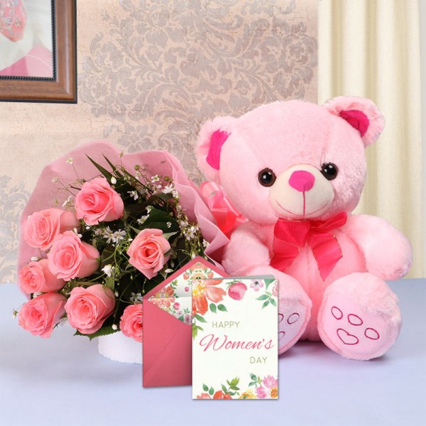  8 Pink Roses in Pink paper packing with 1 Pink Teddy Bear (10 inches) and 1 Women's Day Greeting Card