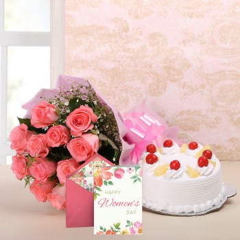 10 Pink Roses in Pink Paper with Half Kg Pineapple Cake and 1 Greeting Card for Womens Day