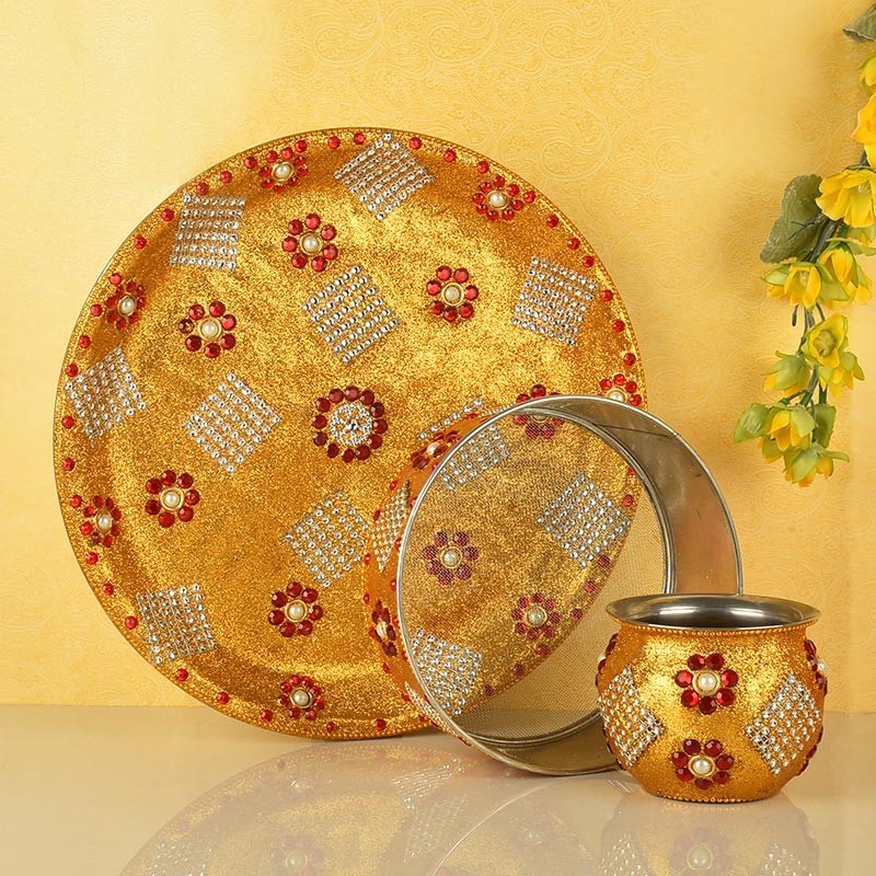 Golden Karwa Chauth Pooja Thali