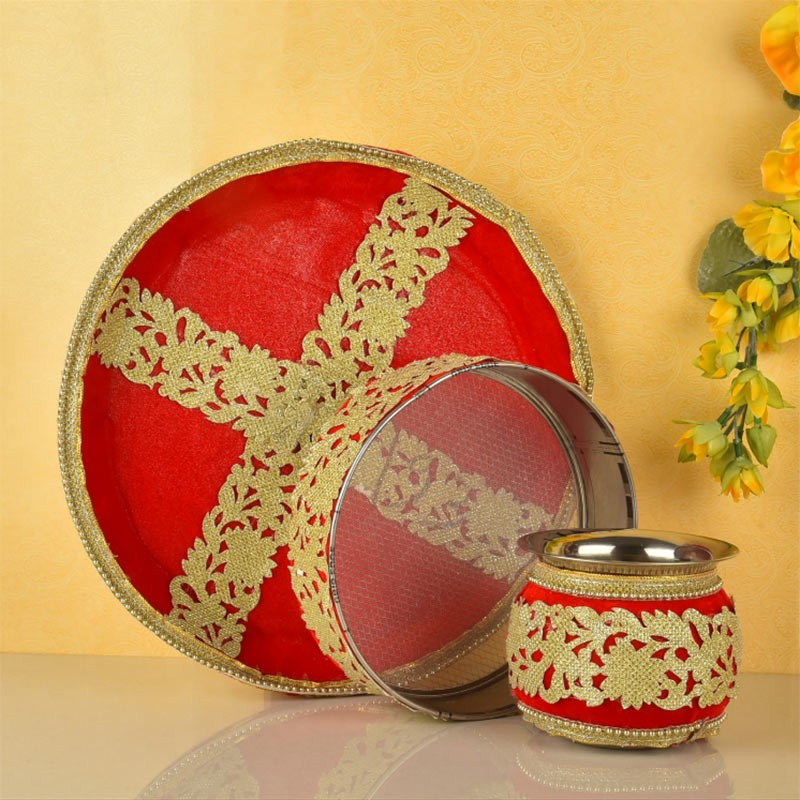 Red Golden Karwa Chauth Pooja Thali Set