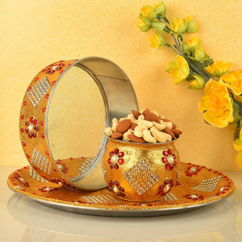 Golden Karwa Chauth Pooja Thali