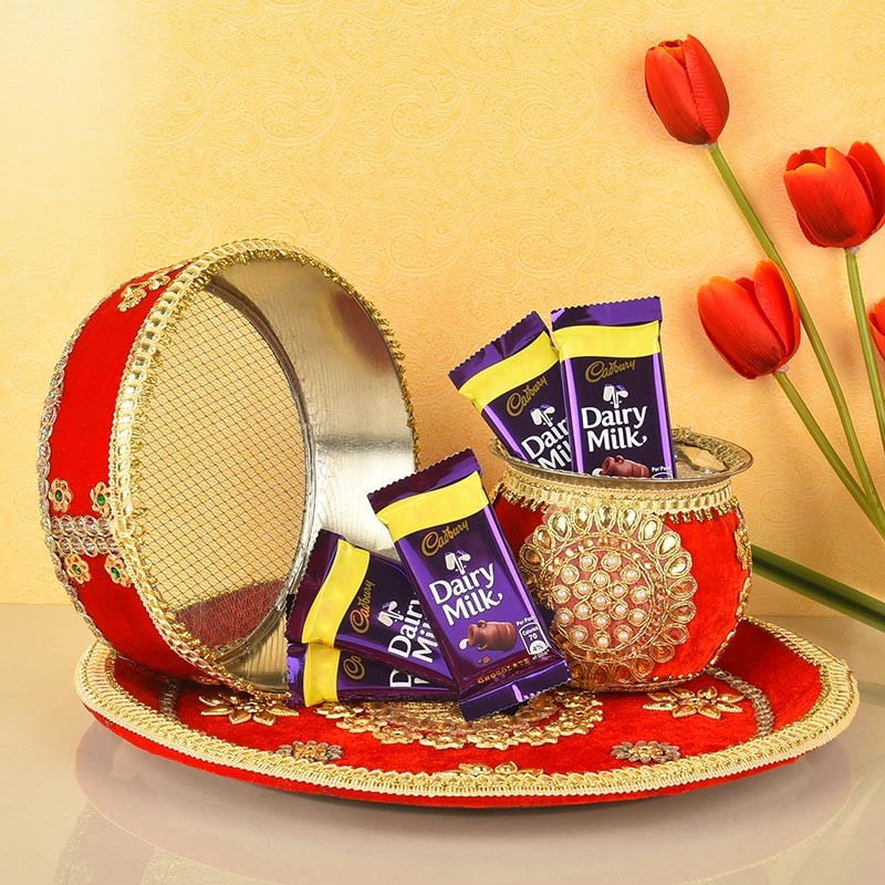 Red Karwa Chauth Pooja Thali with Dairy Milk Chocolate