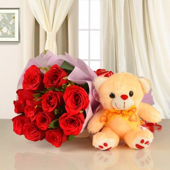12 Red Roses with Teddy Bear (6 Inches)