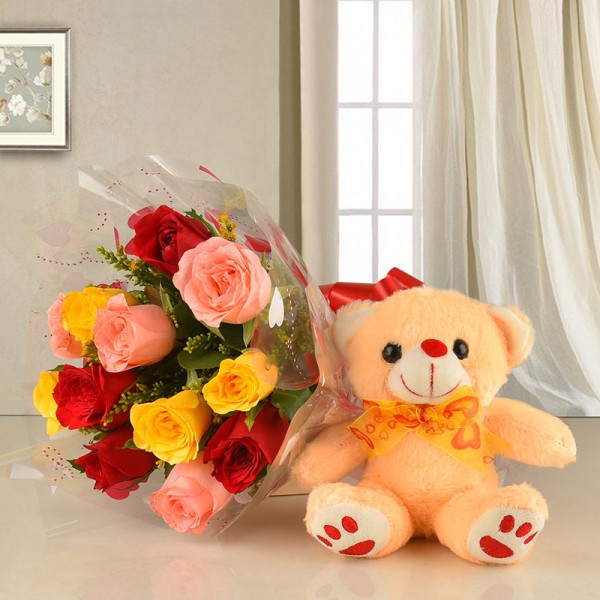 12 Assorted Roses with 1 Teddy Bear (6inches)