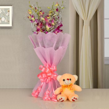 6 Purple Orchids with Teddy Bear (6 inches) and Paper Packing