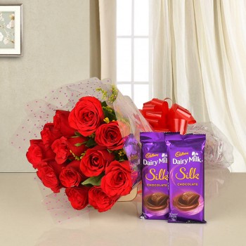 12 Red Roses with 2 Cadbury's DairyMilk Silk (60gms each)