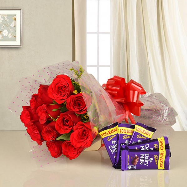 10 Red Roses wrapped in cellophane with 5 Dairy Milk Chocolates (13 Gms)