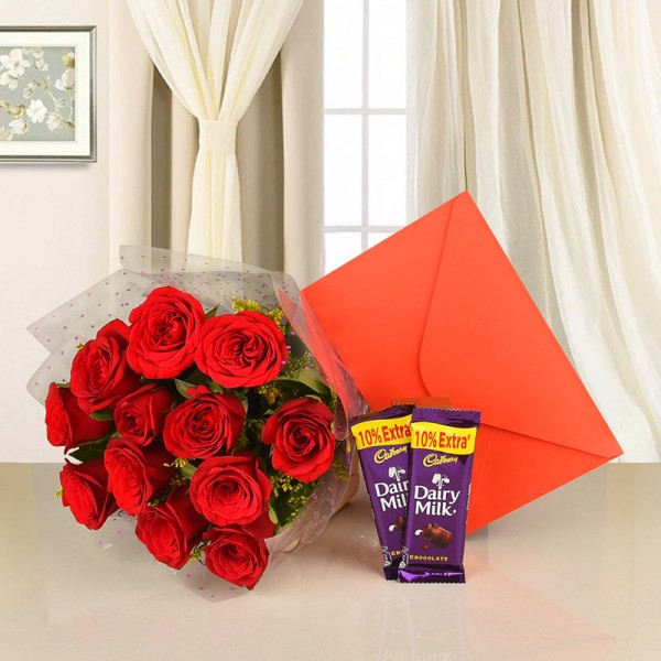 12 Red Roses with 2 Cadbury's DairyMilk Chocolate (25.3 gm) and Greeting Card