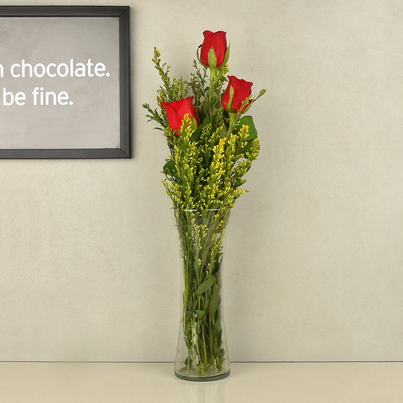  3 Red Roses in a Glass Vase