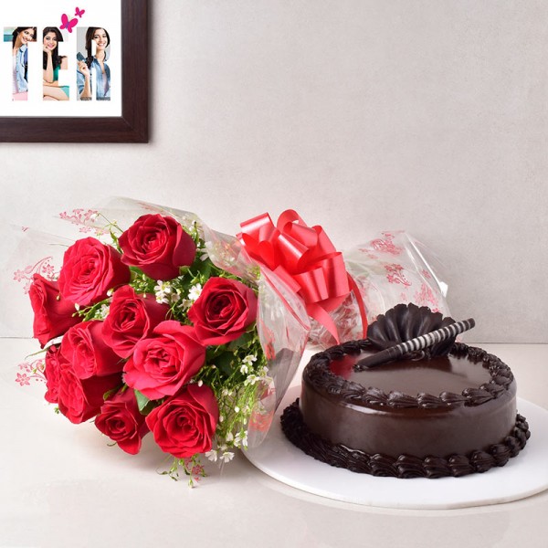 10 Red Roses Bunch with Half Kg Chocolate Truffle Cake