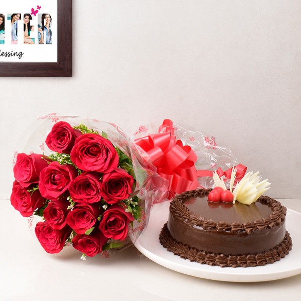 12 Red Roses with Half Kg Chocolate Cake
