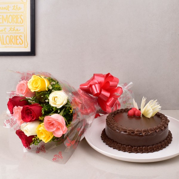 10 Mix Roses Bouquet with Half Kg Chocolate Cake