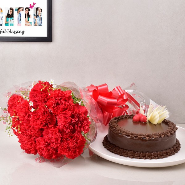 12 Red Carnations with Dark Chocolate Cake (Half Kg)
