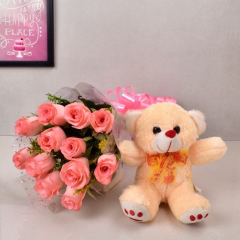 12 Pink Roses with 1 Teddy Bear (6 inches)