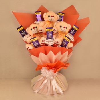 Bouquet of 6 inches 3 Teddy and 6 Dairy Milk 13.2 gm Chocolates in Paper Packing