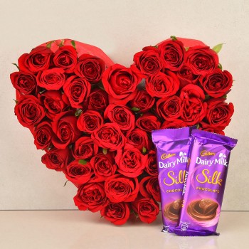  Heart-shaped Arrangement of 30 Red Roses with 2 Cadbury's DairyMilk Silk Chocolates